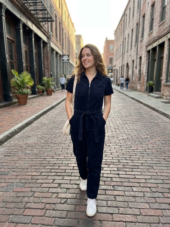 Habitual Pants - Habitual Navy Corduroy Short Sleeve Utility Chic Jumpsuit with Belt 6 Small